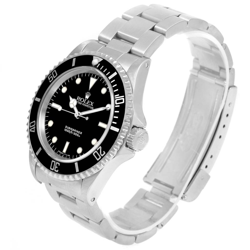 The image shows a Rolex Submariner 14060 Men's Stainless Steel Black Dial 14060 Men's Stainless Steel Black Dial watch from a high-angle, highlighting the face, bezel, bracelet, and clasp.