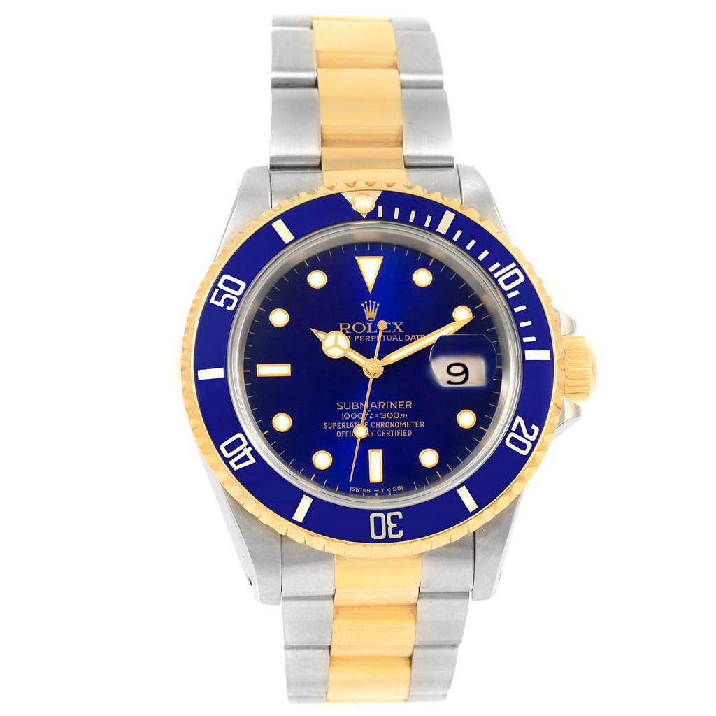 The image shows a frontal view of a Rolex Submariner 16613 Men's Steel and Gold (two tone) Blue Dial 16613 Men's Steel and Gold (two tone) Blue Dial watch, highlighting its blue and gold bezel, dial, and two-tone strap.