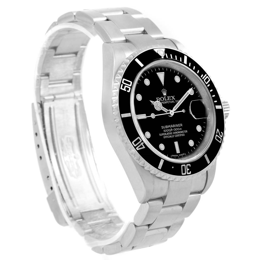 The image shows a Rolex Submariner 16610 Men
s Stainless Steel Black Dial 16610 Men
s Stainless Steel Black Dial watch angled from the front-left, displaying the face, bezel, and bracelet.