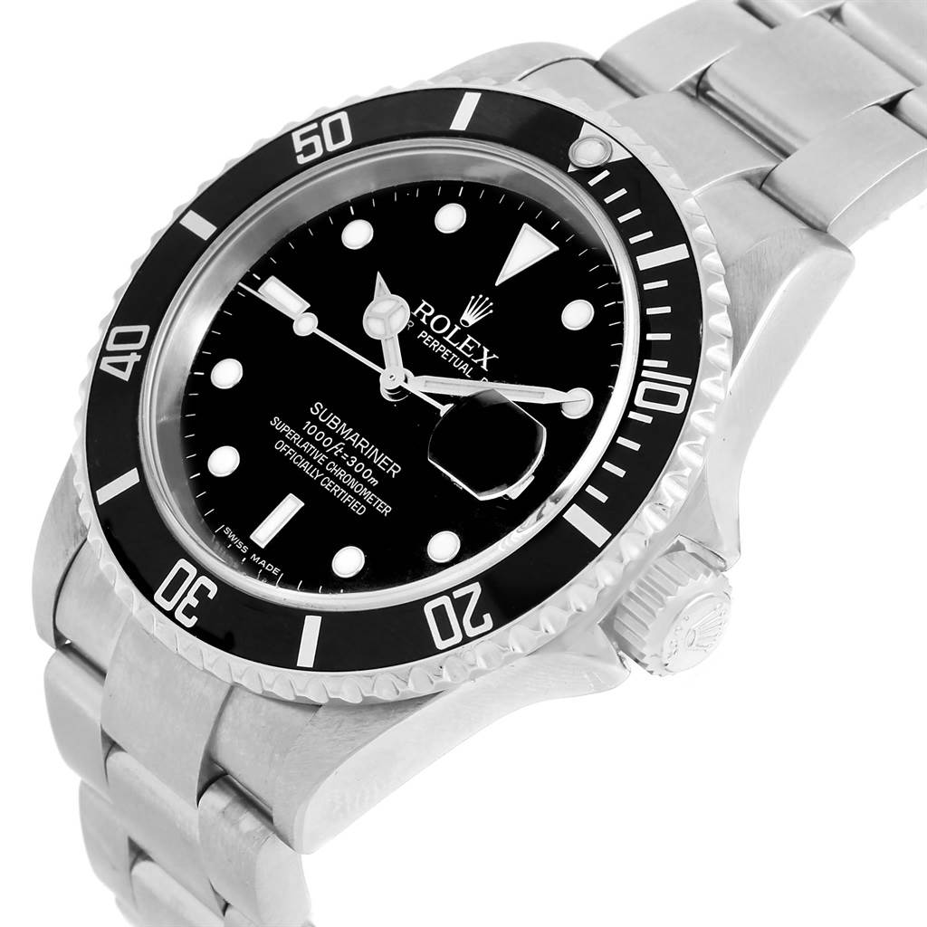 The image shows an angled view of a Rolex Submariner 16610 Men's Stainless Steel Black Dial 16610 Men's Stainless Steel Black Dial, highlighting the face, bezel, crown, and part of the bracelet.