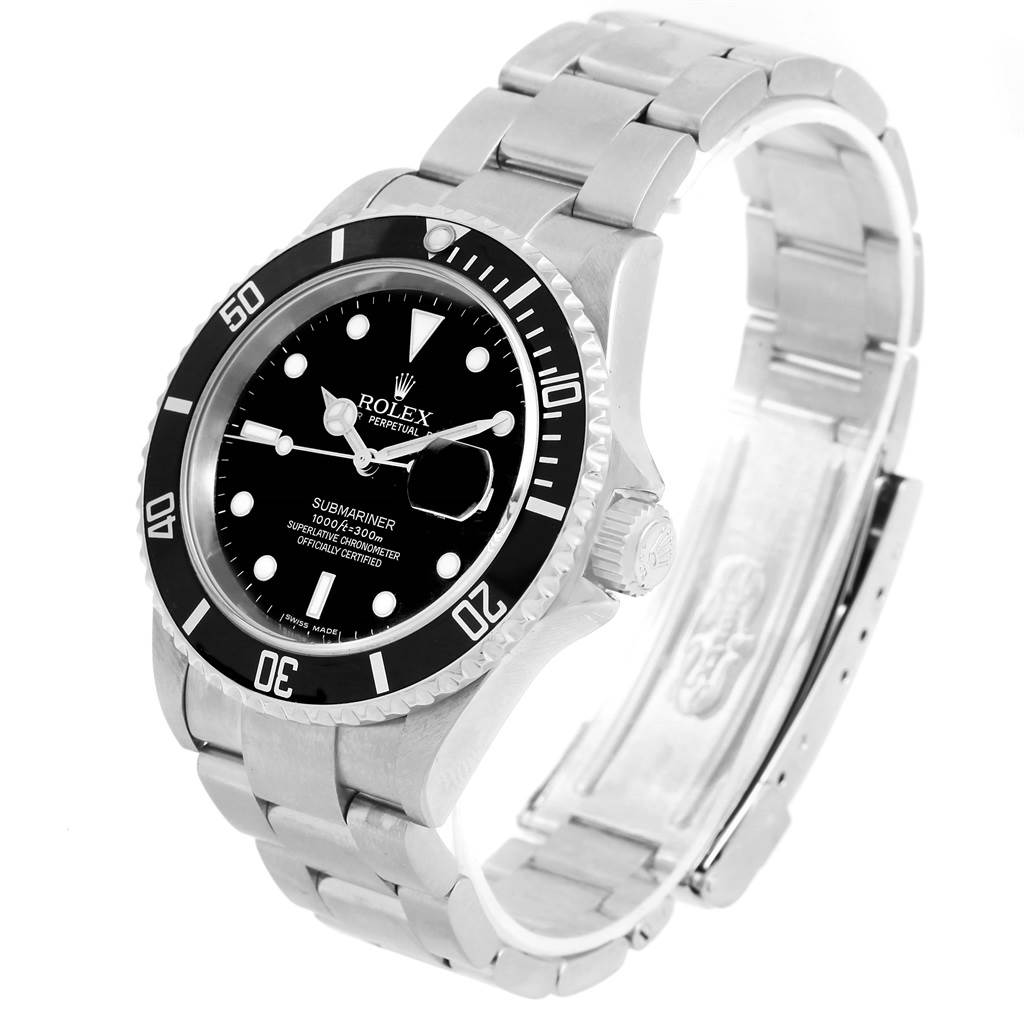 This image shows a Rolex Submariner 16610 Men's Stainless Steel Black Dial 16610 Men's Stainless Steel Black Dial from an angle highlighting its black dial, bezel, and stainless steel bracelet.