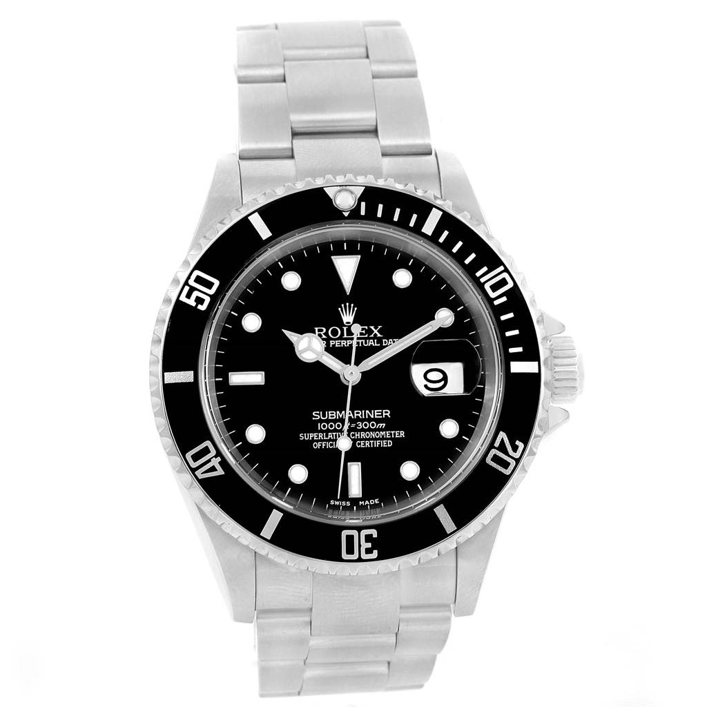 This image shows a face-on view of the Rolex Submariner 16610 Men's Stainless Steel Black Dial 16610 Men's Stainless Steel Black Dial, highlighting its dial, bezel, bracelet, and crown.