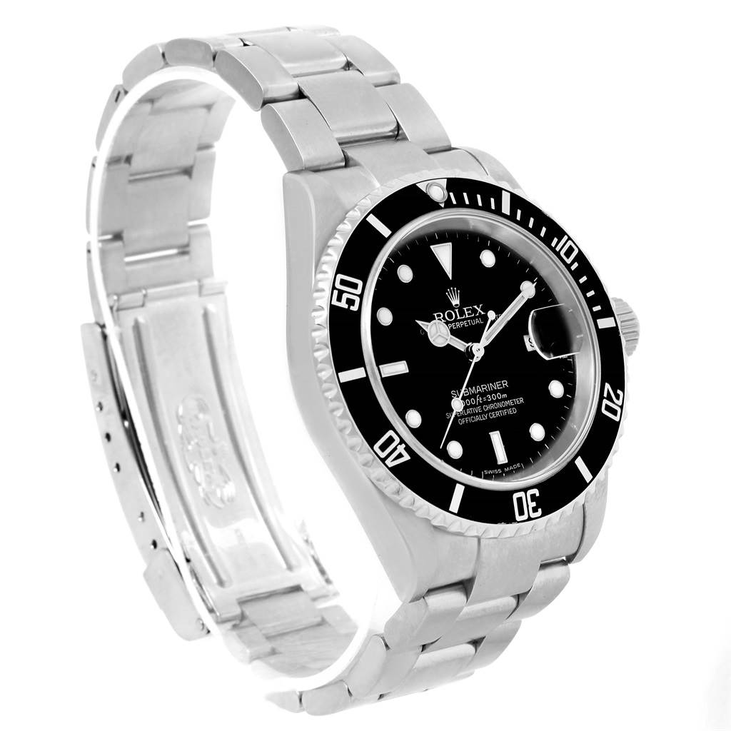 This image shows a Rolex Submariner 16610 Men's Stainless Steel Black Dial 16610 Men's Stainless Steel Black Dial watch at an oblique angle, highlighting its black dial, bezel, and metal bracelet.