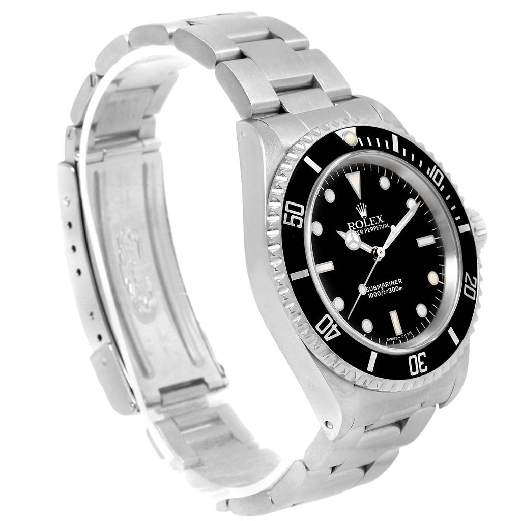 This image shows a Rolex Submariner 14060 Men's Stainless Steel Black Dial 14060 Men's Stainless Steel Black Dial watch from a front-right angle, highlighting its dial, bezel, and bracelet.