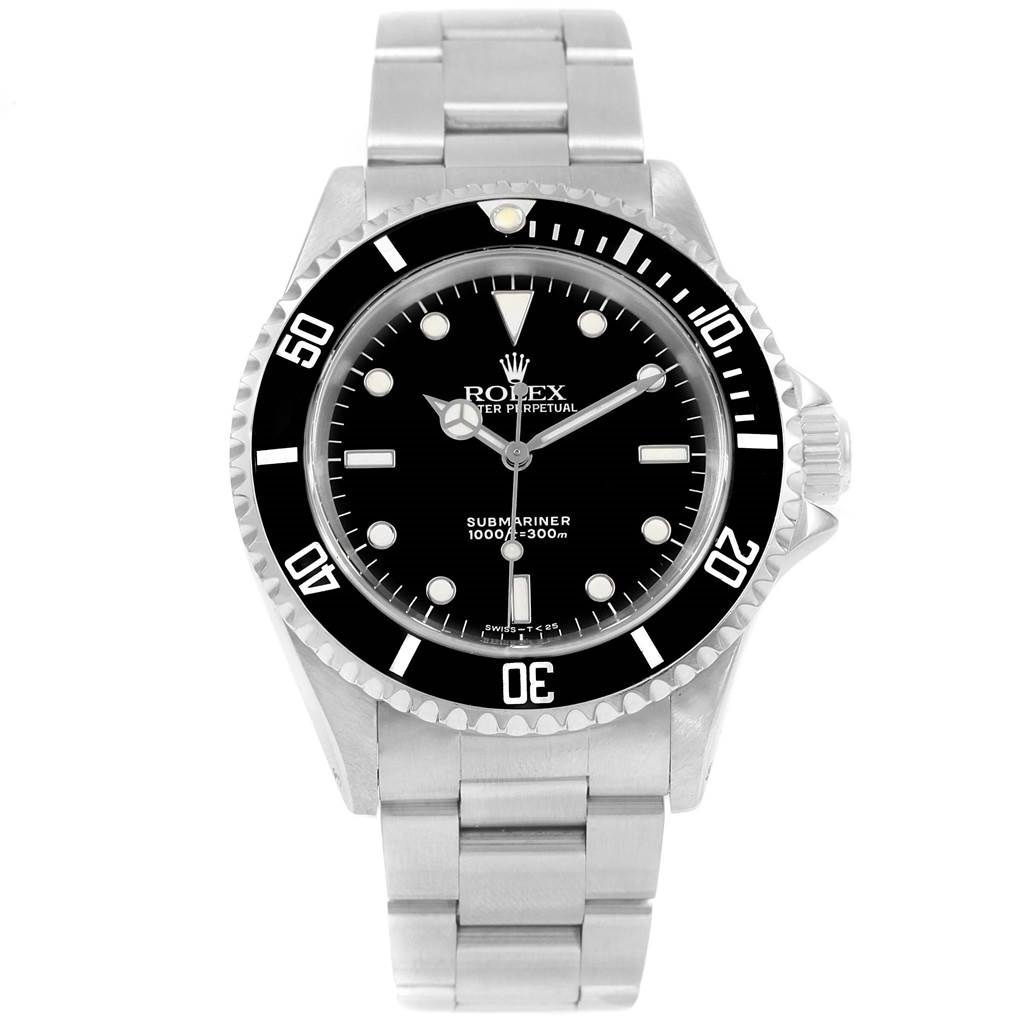 This is a front view of a Rolex Submariner 14060 Men's Stainless Steel Black Dial 14060 Men's Stainless Steel Black Dial watch showing the dial, bezel, case, and bracelet.