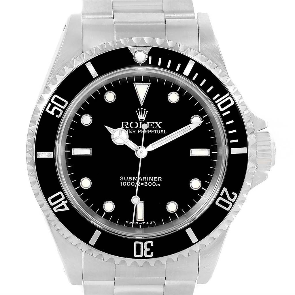 This image shows a front view of a Rolex Submariner 14060 Men's Stainless Steel Black Dial 14060 Men's Stainless Steel Black Dial watch, highlighting its black dial, bezel, and part of its stainless steel bracelet.