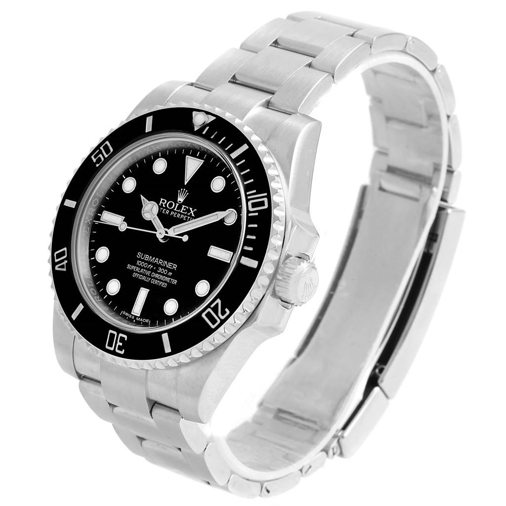 The image shows a Rolex Submariner 114060 Men's Stainless Steel Black Dial 114060 Men's Stainless Steel Black Dial watch from an angle that highlights its face, bezel, crown, and bracelet.