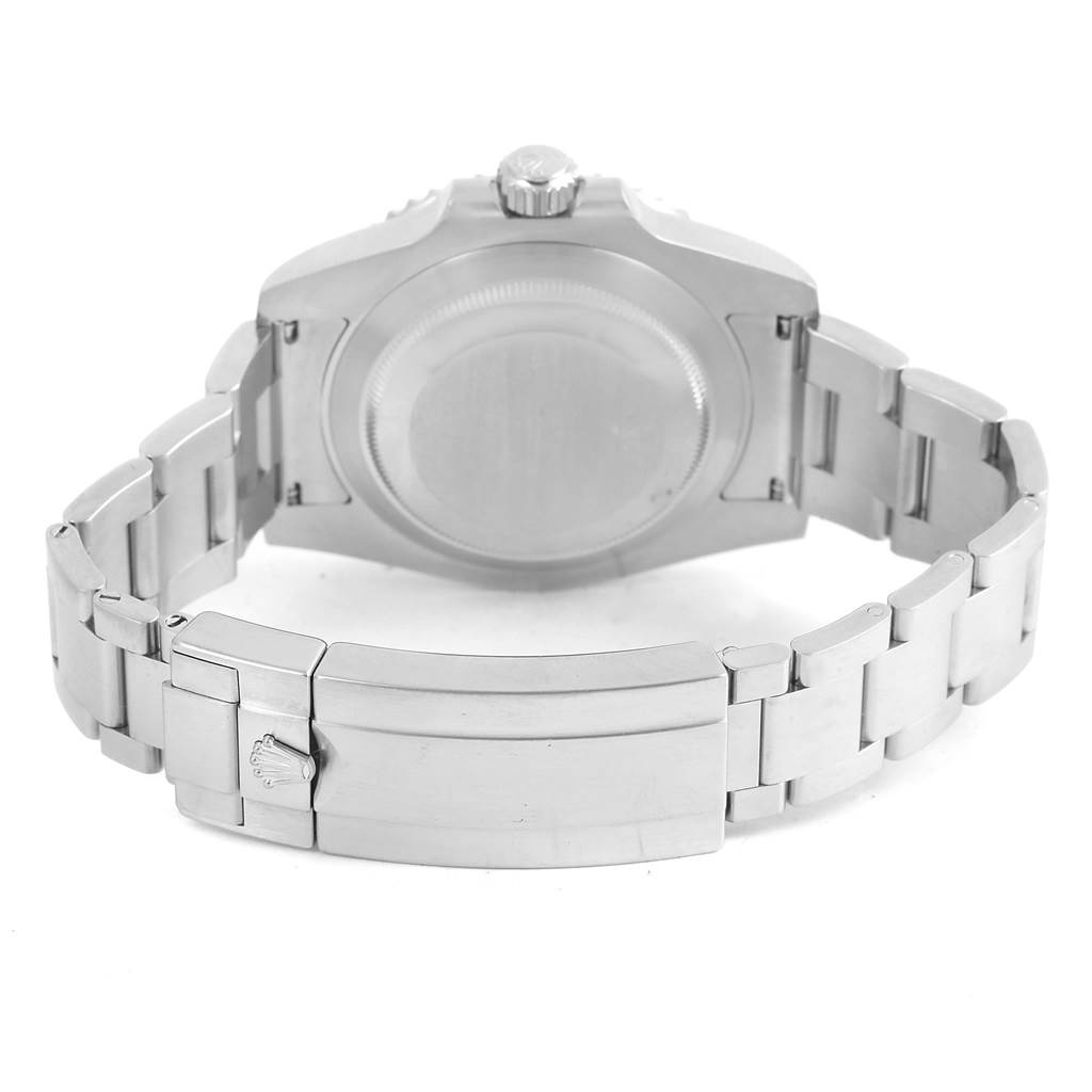 This image shows the back view of a Rolex Submariner 114060 Men's Stainless Steel Black Dial 114060 Men's Stainless Steel Black Dial watch, focusing on the case back and metal bracelet with clasp.