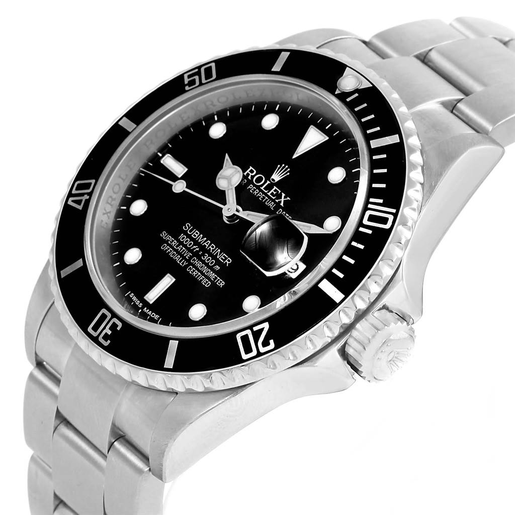 The image shows the Rolex Submariner 16610 Men's Stainless Steel Black Dial 16610 Men's Stainless Steel Black Dial watch at an angled view, displaying the dial, bezel, and part of the bracelet.