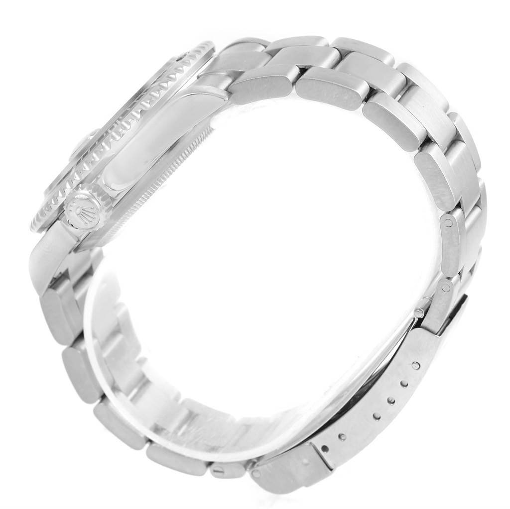 This image shows a side angle of a Rolex Submariner 16610 Men's Stainless Steel Black Dial 16610 Men's Stainless Steel Black Dial watch, highlighting the bracelet and bezel.