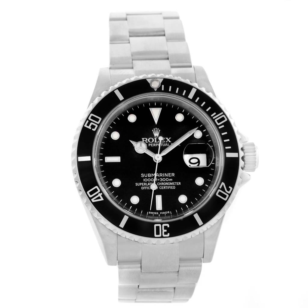 The image shows a front view of a Rolex Submariner 16610 Men's Stainless Steel Black Dial 16610 Men's Stainless Steel Black Dial watch, displaying its face, bezel, and bracelet.