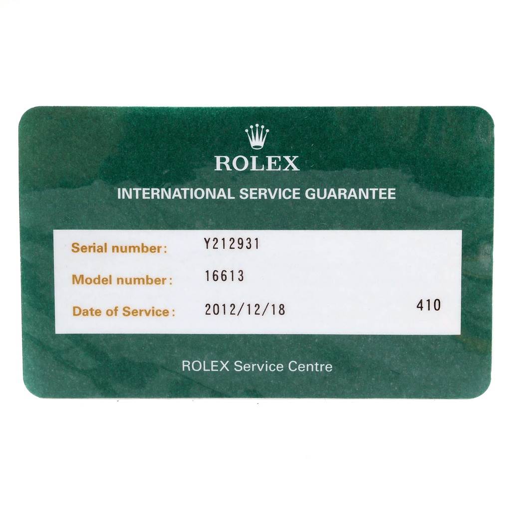 This image shows a Rolex International Service Guarantee card for the Submariner model 16613.