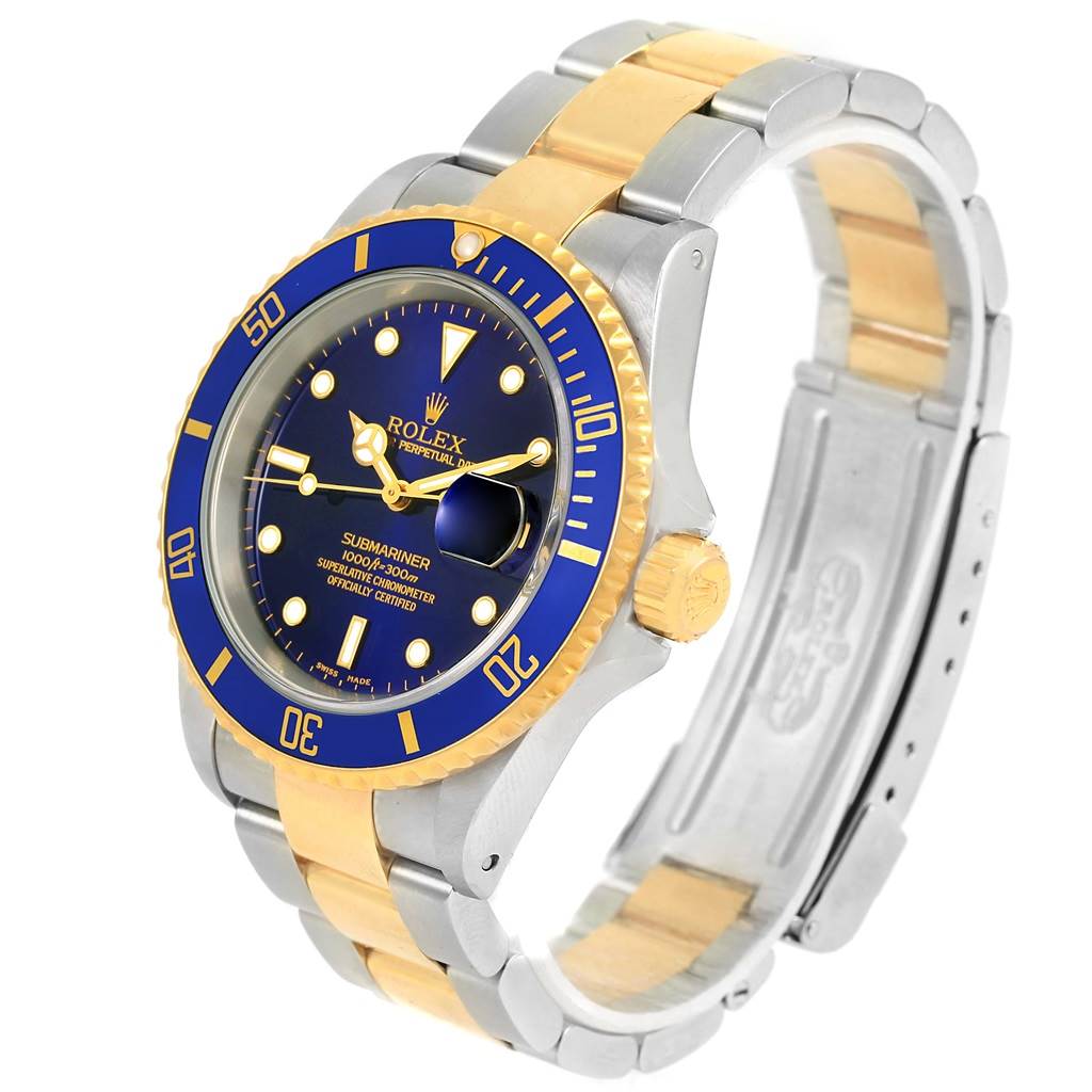 This image shows a Rolex Submariner 16613 Men's Steel and Gold (two tone) Blue Dial 16613 Men's Steel and Gold (two tone) Blue Dial watch at a three-quarter angle, highlighting its gold and stainless steel bracelet, blue bezel, and dial.