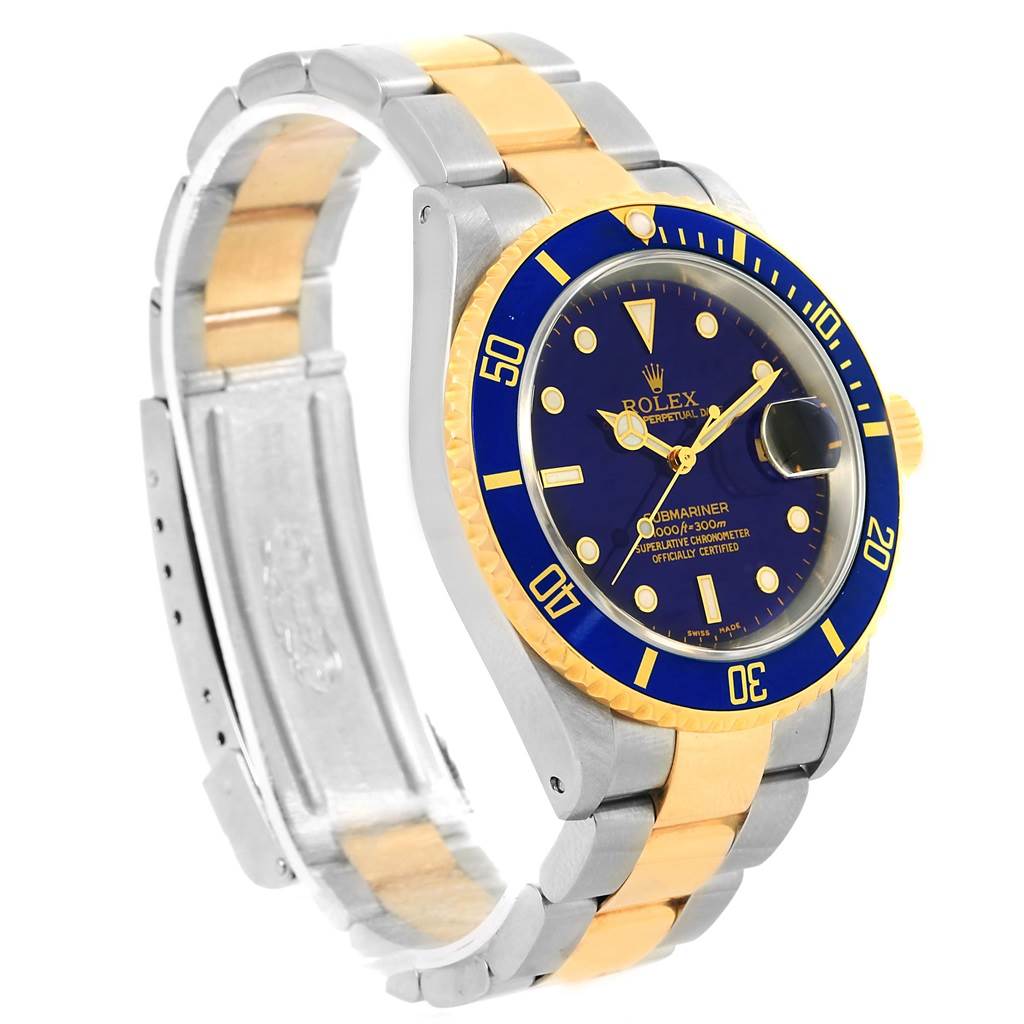 This image shows a side-angle view of a Rolex Submariner 16613 Men's Steel and Gold (two tone) Blue Dial 16613 Men's Steel and Gold (two tone) Blue Dial watch, showcasing its gold and silver band, blue dial, and rotating bezel.