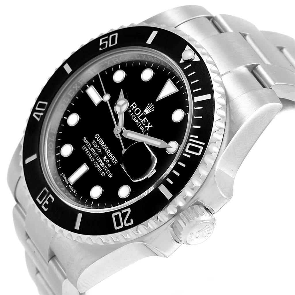 This image shows an angled view of the Rolex Submariner 116610 Men's Stainless Steel Black Dial 116610 Men's Stainless Steel Black Dial, highlighting its dial, bezel, and part of the stainless steel bracelet.