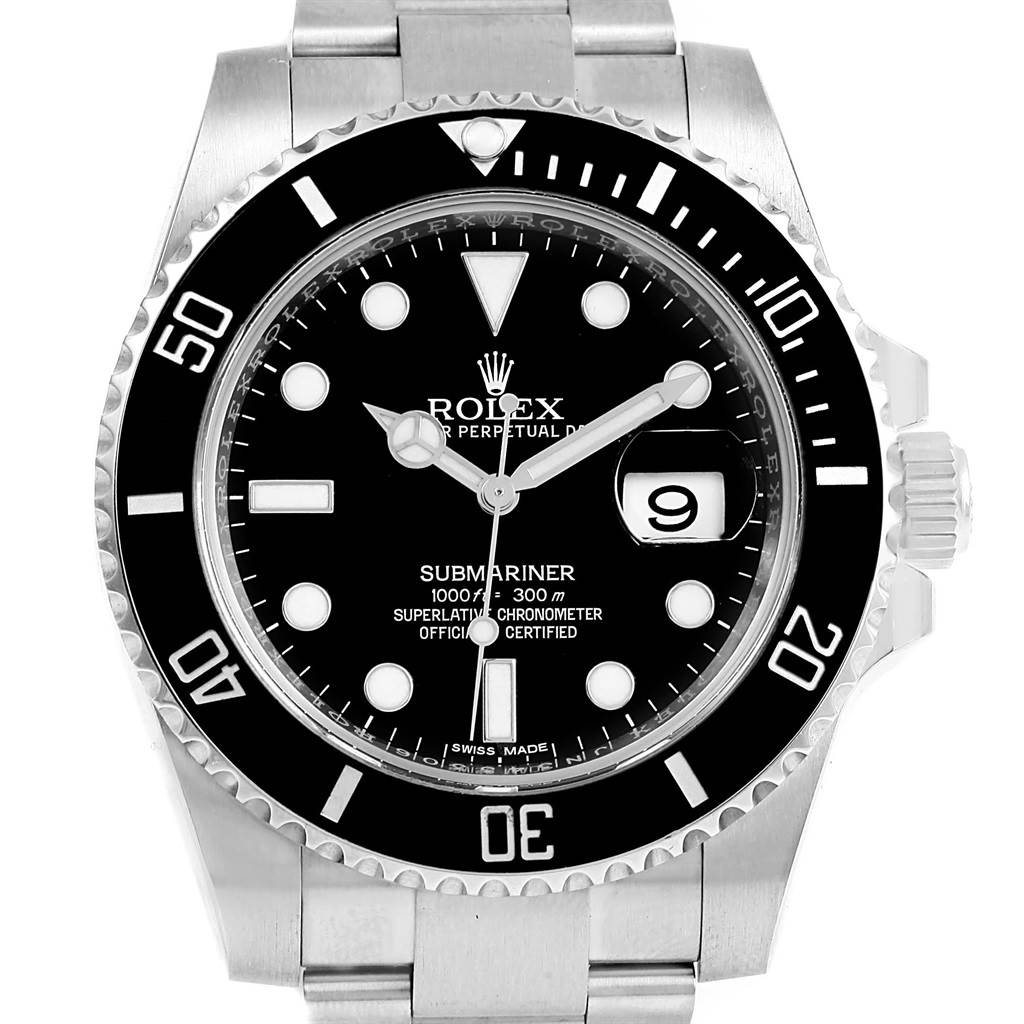 The image shows a Rolex Submariner 116610 Men's Stainless Steel Black Dial 116610 Men's Stainless Steel Black Dial watch face viewed from the front, displaying the dial, bezel, and part of the bracelet.