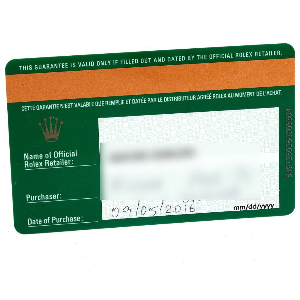 The image shows the guarantee card for a Rolex Submariner 116610 Men's Stainless Steel Black Dial 116610 Men's Stainless Steel Black Dial, with retailer and purchase details.