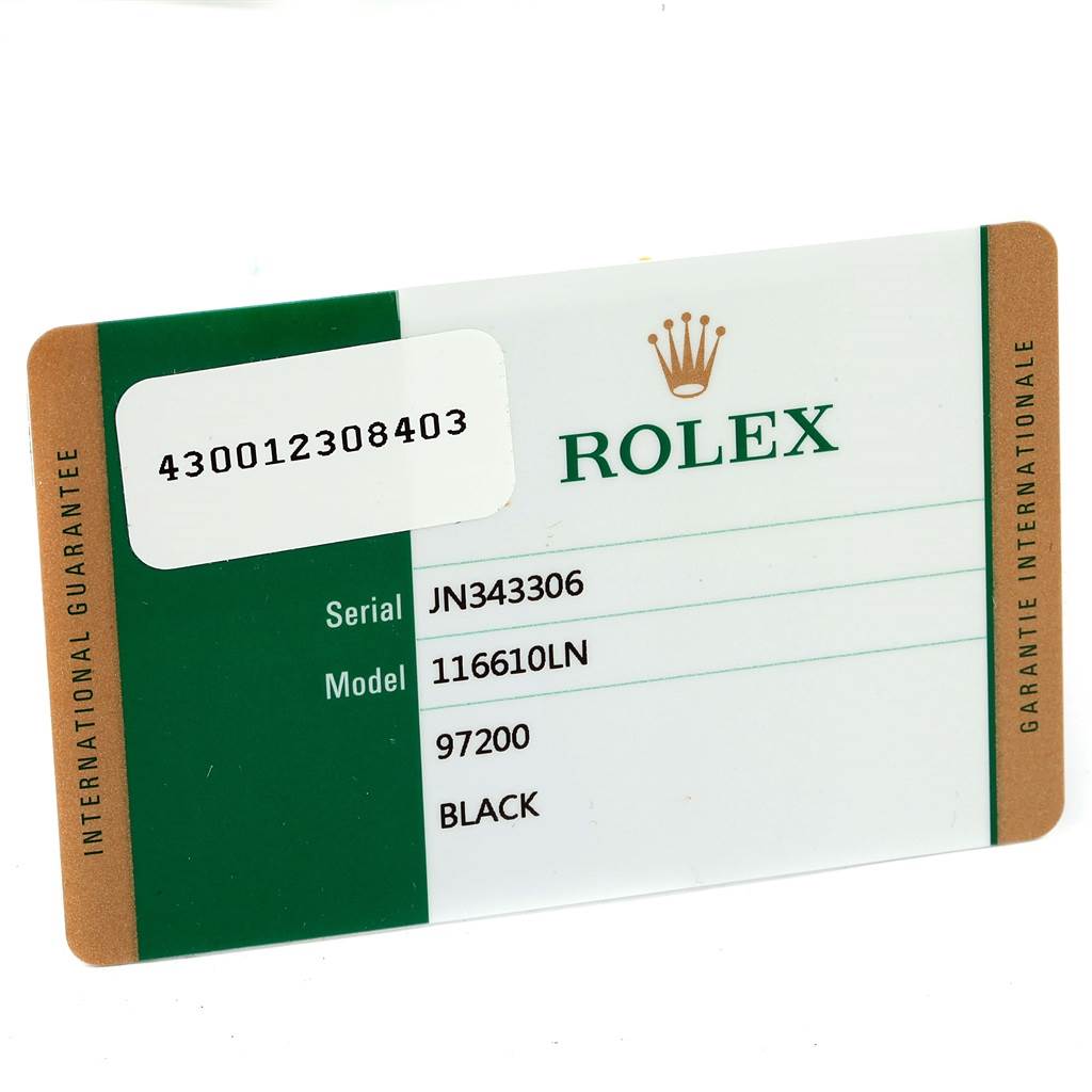 The image shows an international guarantee card for the Rolex Submariner 116610 Men's Stainless Steel Black Dial 116610 Men's Stainless Steel Black Dial model, featuring details like serial and model numbers.