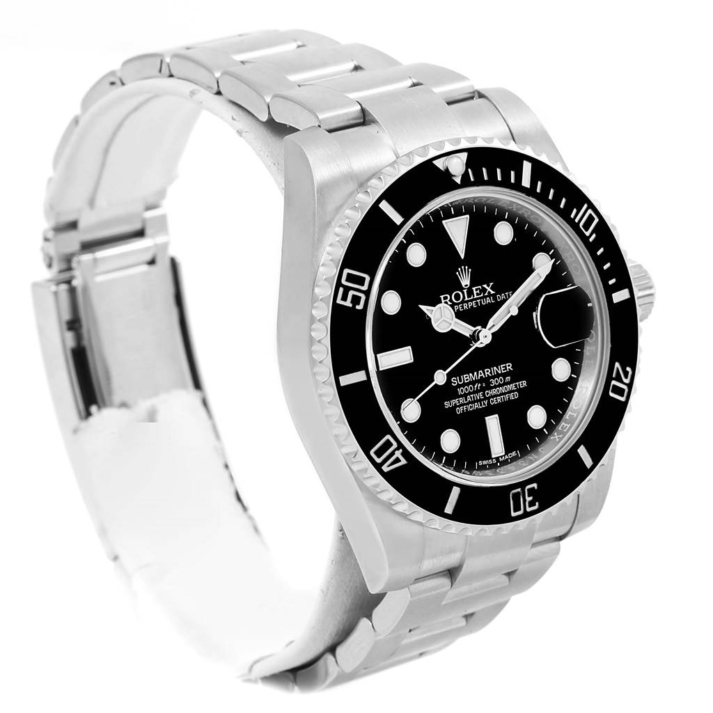 The image shows a Rolex Submariner 116610 Men's Stainless Steel Black Dial 116610 Men's Stainless Steel Black Dial watch featuring its face, bezel, crown, stainless steel case, and bracelet at a slightly angled side view.