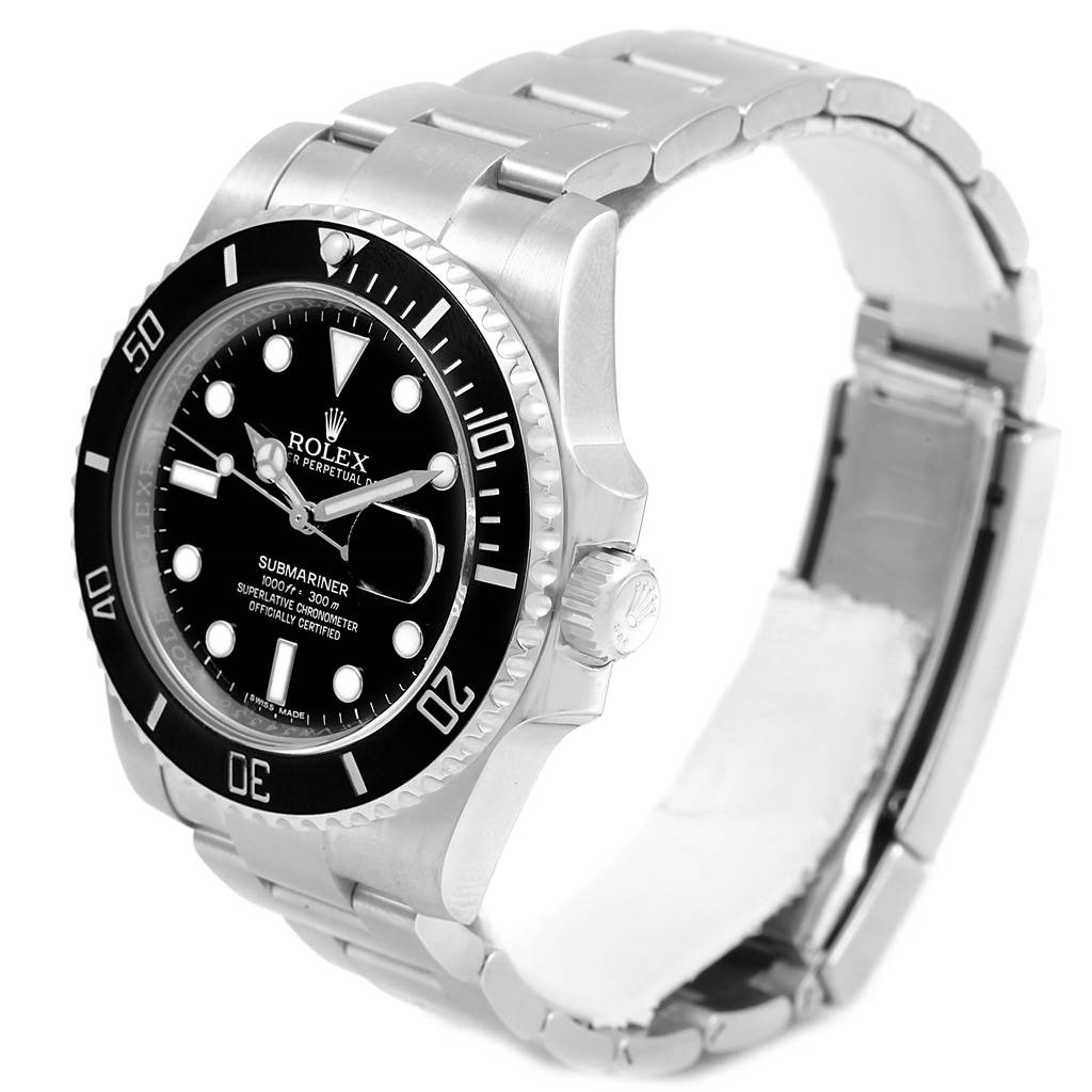 The image shows a side and front angle of a Rolex Submariner 116610 Men's Stainless Steel Black Dial 116610 Men's Stainless Steel Black Dial, highlighting the dial, bezel, case, and bracelet.