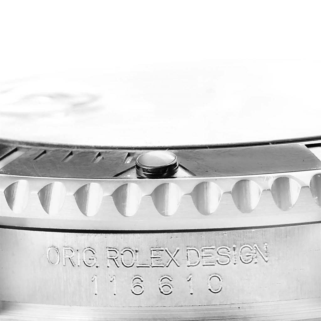 The image shows a close-up of the bezel and case side of a Rolex Submariner 116610 Men's Stainless Steel Black Dial 116610 Men's Stainless Steel Black Dial, highlighting the model number 116610.