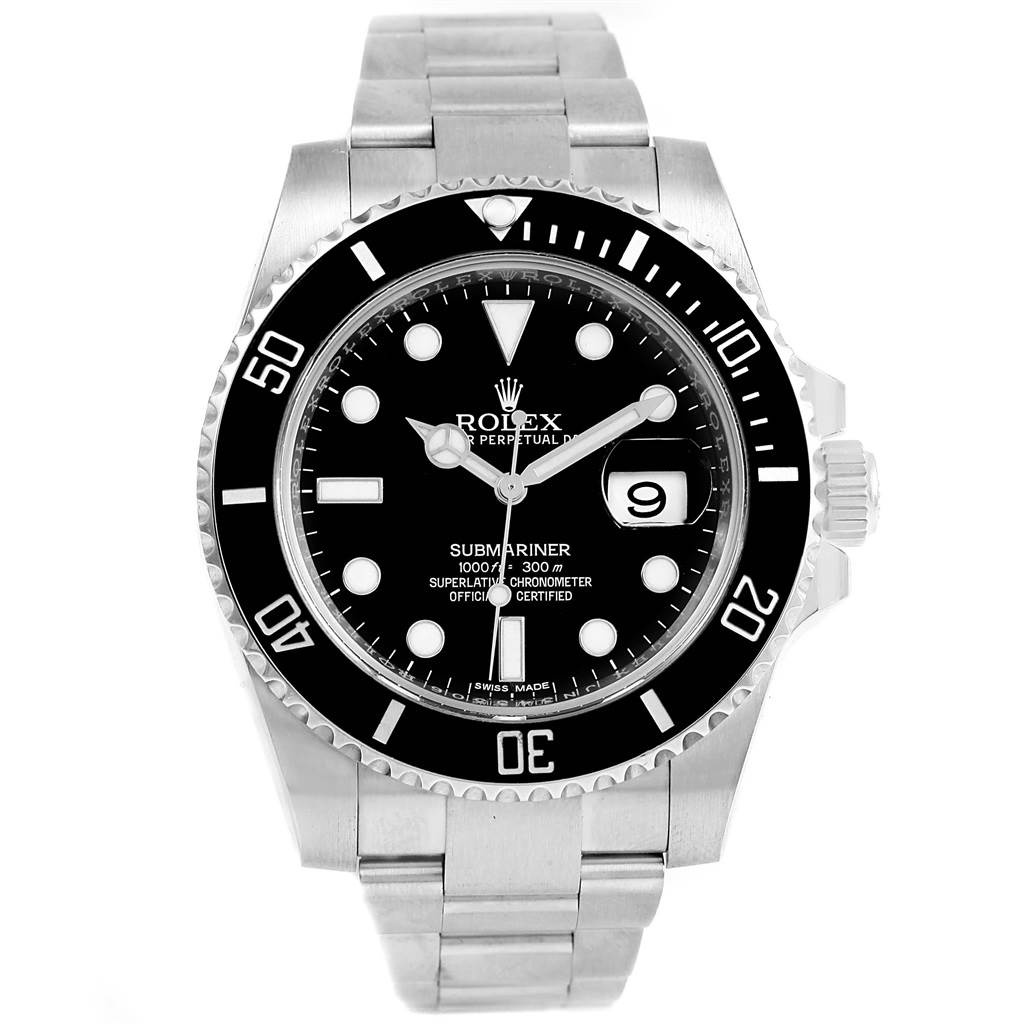 The image shows a front view of the Rolex Submariner 116610 Men's Stainless Steel Black Dial 116610 Men's Stainless Steel Black Dial watch, highlighting the bezel, dial, bracelet, and crown.