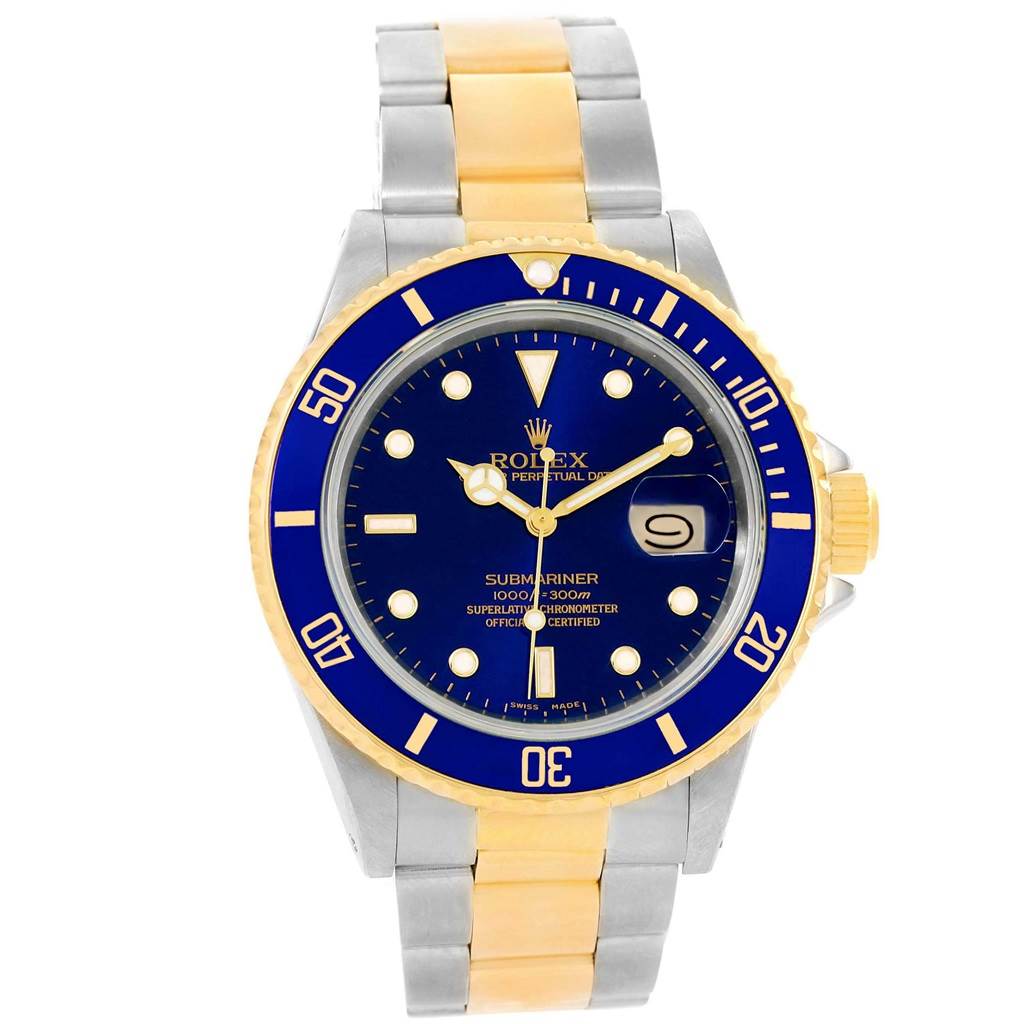 The image shows a front view of the Rolex Submariner 16803 Men's Steel and Gold (two tone) Blue Dial 16803 Men's Steel and Gold (two tone) Blue Dial watch, highlighting its blue dial, date window, and two-tone bracelet.