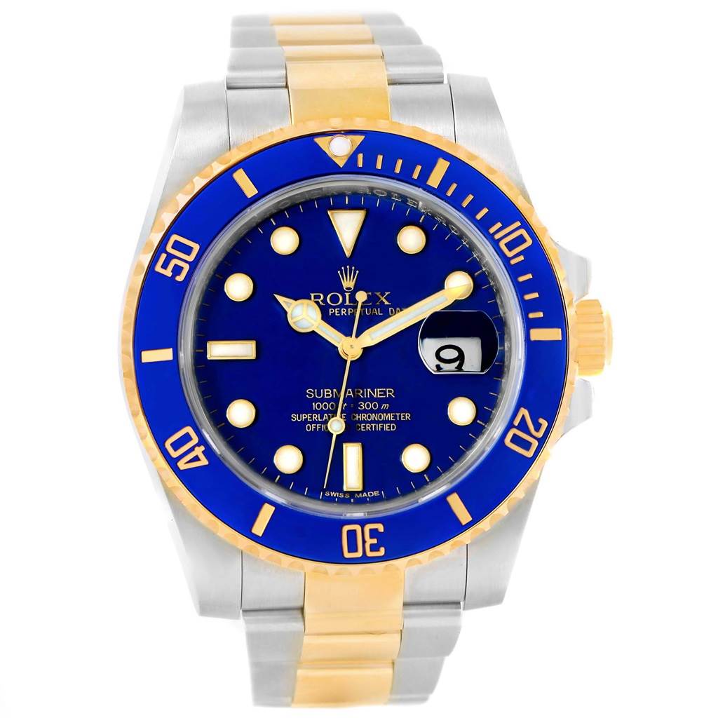 The image shows a front view of a Rolex Submariner 116613 Men's Steel and Gold (two tone) Blue Dial 116613 Men's Steel and Gold (two tone) Blue Dial with a blue dial and bezel, gold accents, and a stainless steel and gold bracelet.
