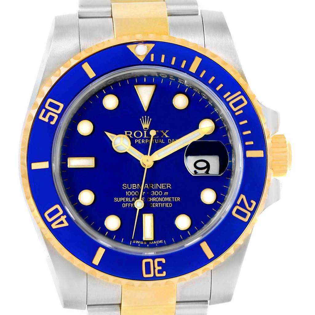 The image shows a front view of a Rolex Submariner 116613 Men's Steel and Gold (two tone) Blue Dial 116613 Men's Steel and Gold (two tone) Blue Dial watch, highlighting its blue dial, bezel, and two-tone bracelet.