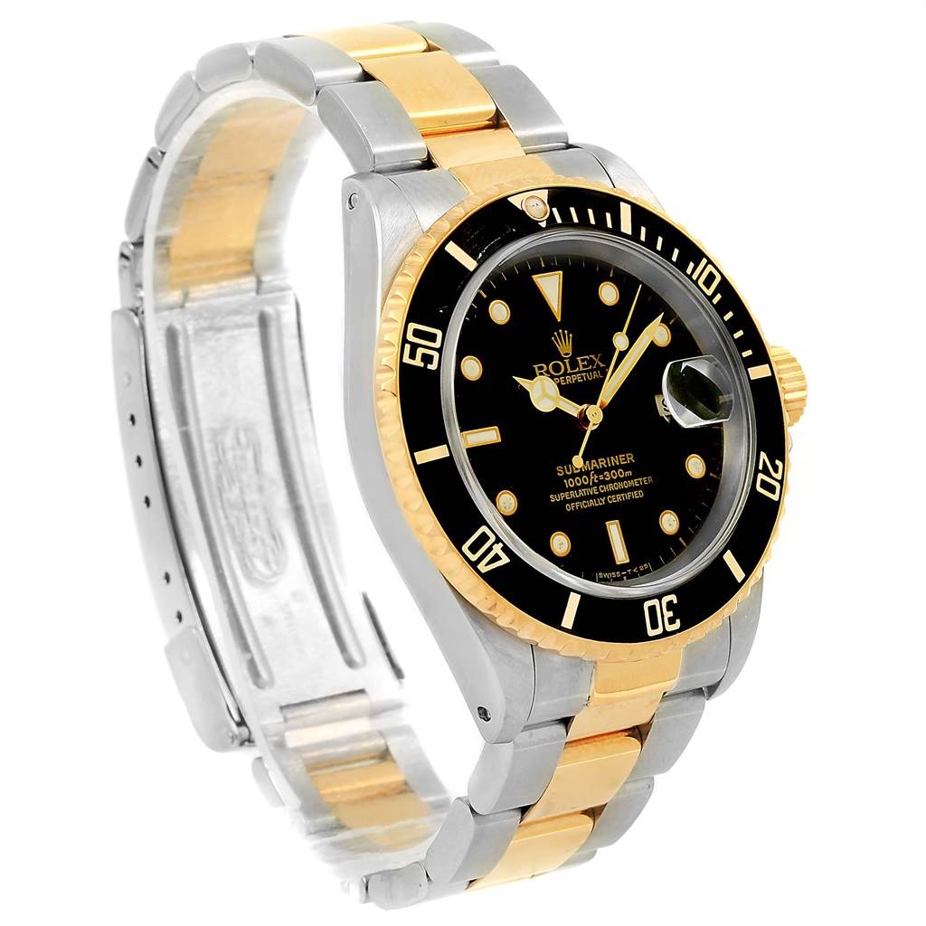 This image shows the front and side view of a Rolex Submariner 16613 Men
s Steel and Gold (two tone) Black Dial 16613 Men
s Steel and Gold (two tone) Black Dial watch, highlighting its two-tone metal bracelet and black bezel.