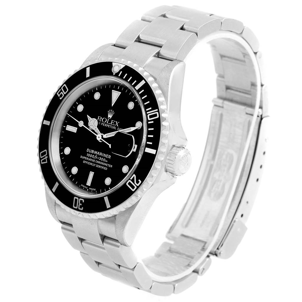 This image shows a Rolex Submariner 16610 Men's Stainless Steel Black Dial 16610 Men's Stainless Steel Black Dial watch at a front-left angle, highlighting the dial, bezel, crown, and bracelet.