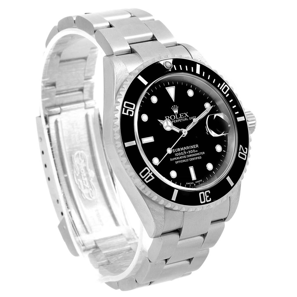 The image shows a Rolex Submariner 16610 Men's Stainless Steel Black Dial 16610 Men's Stainless Steel Black Dial watch at a slight left-side angle, highlighting the face, bezel, and bracelet.