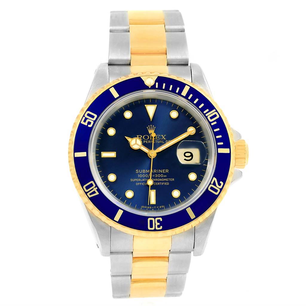 The image shows a front view of a Rolex Submariner 16613 Men's Steel and Gold (two tone) Blue Dial 16613 Men's Steel and Gold (two tone) Blue Dial watch, highlighting its blue dial, gold accents, and stainless steel bracelet.