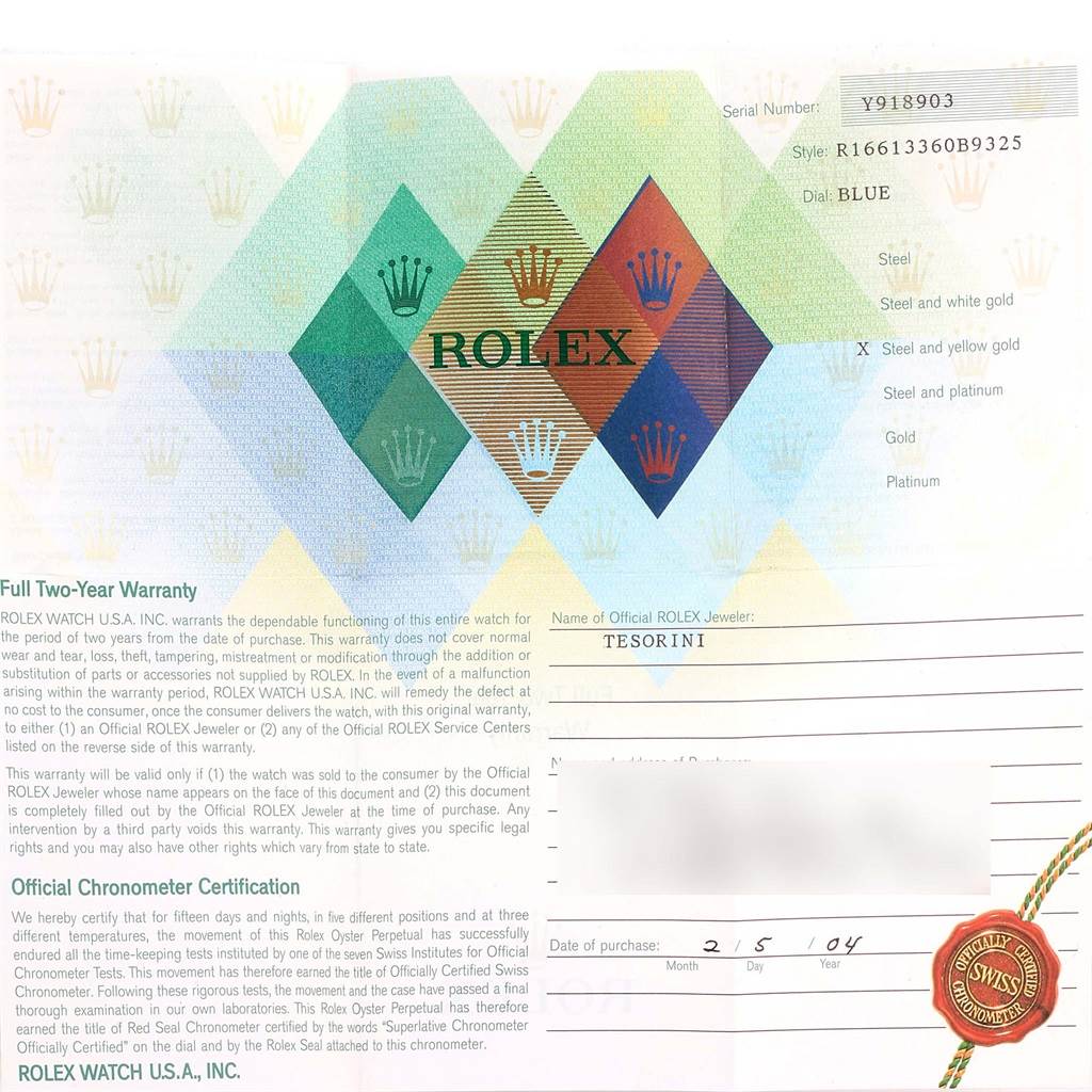 This image shows a warranty card for a Rolex Submariner 16613 Steel and Gold (two tone) Blue Dial 16613 Steel and Gold (two tone) Blue Dial, providing serial and style numbers, jeweler's name, and purchase date.