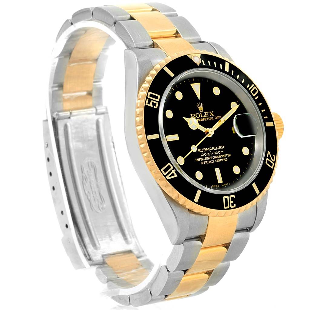 This image shows a Rolex Submariner 16613 Men
s Steel and Gold (two tone) Black Dial 16613 Men
s Steel and Gold (two tone) Black Dial model at an angled side view, highlighting the watch face, bezel, bracelet, and clasp.