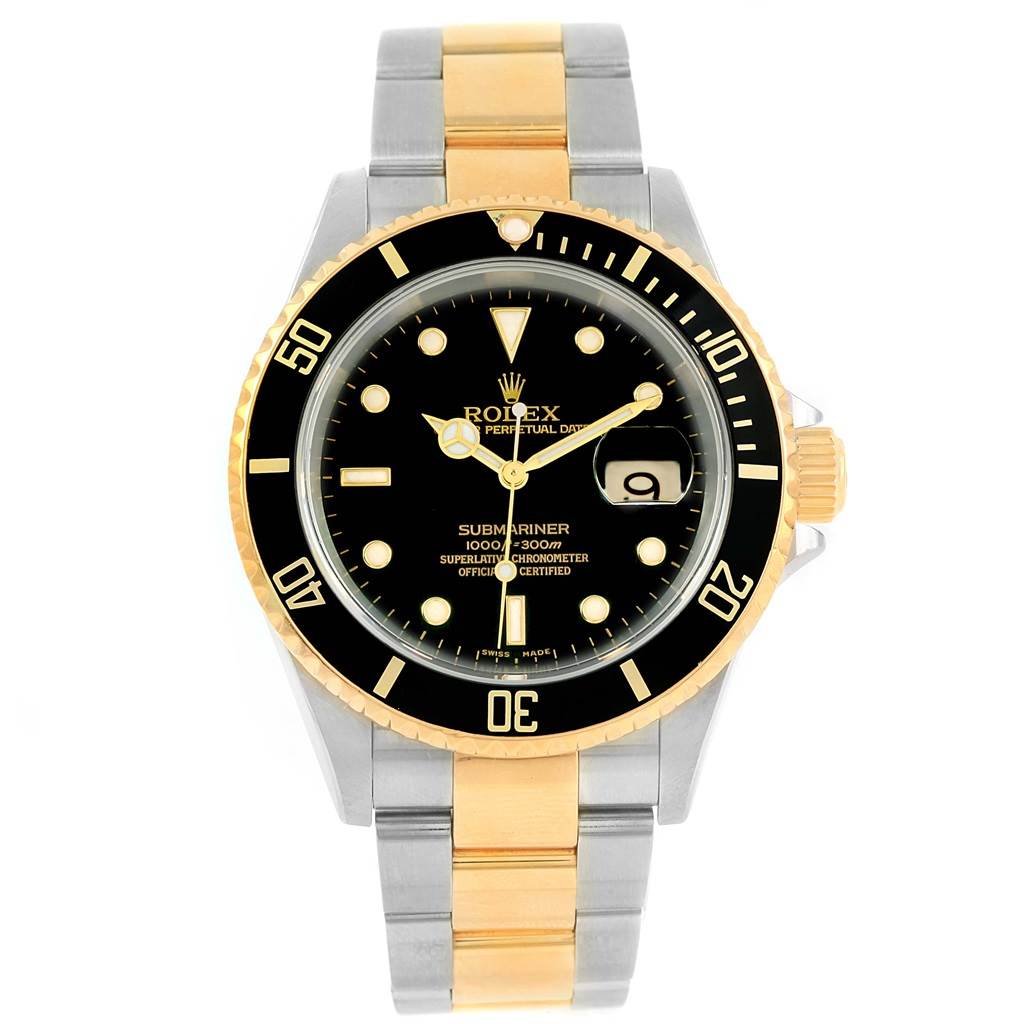 This Rolex Submariner 16613 Men
s Steel and Gold (two tone) Black Dial 16613 Men
s Steel and Gold (two tone) Black Dial watch is shown from a front angle, displaying the dial, bezel, and bracelet clearly.