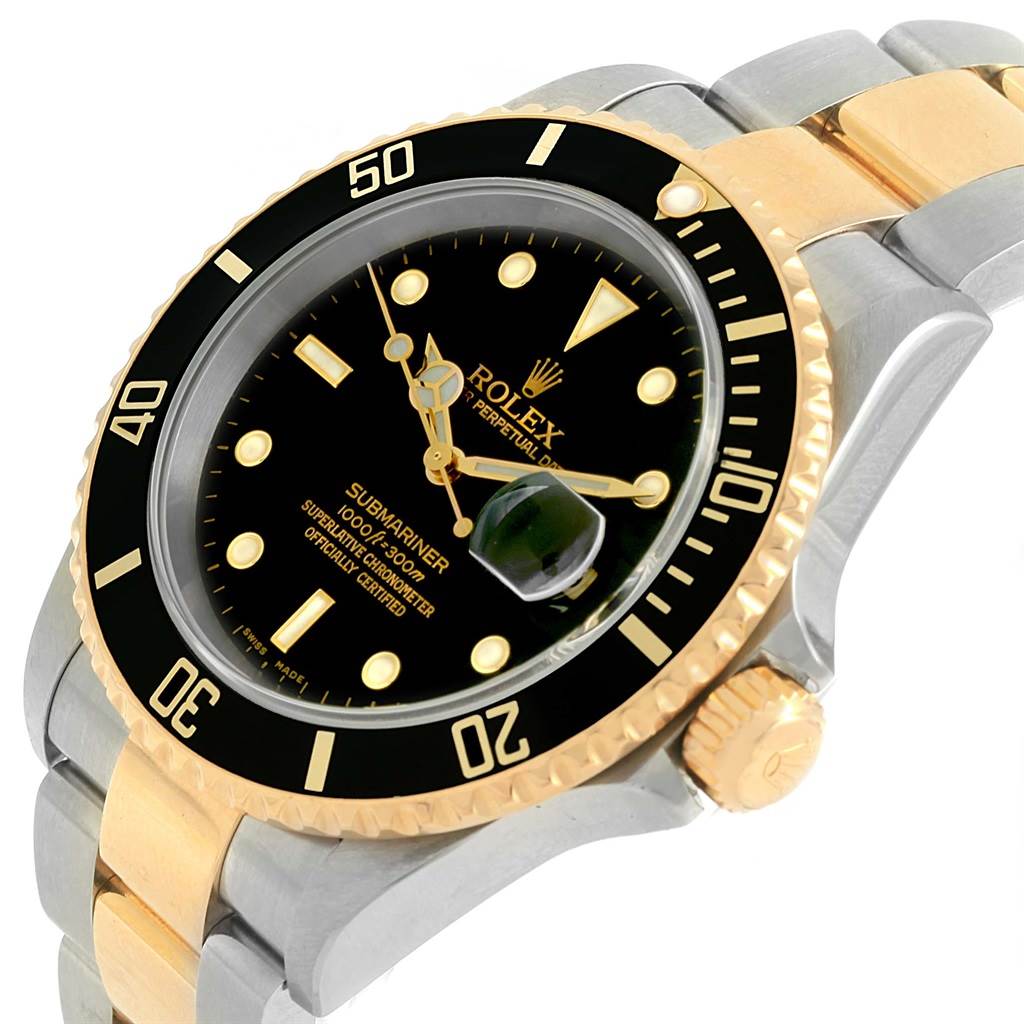 The image shows a Rolex Submariner 16613 Men
s Steel and Gold (two tone) Black Dial 16613 Men
s Steel and Gold (two tone) Black Dial watch at a slightly angled side view, highlighting the bezel, dial, and bracelet.