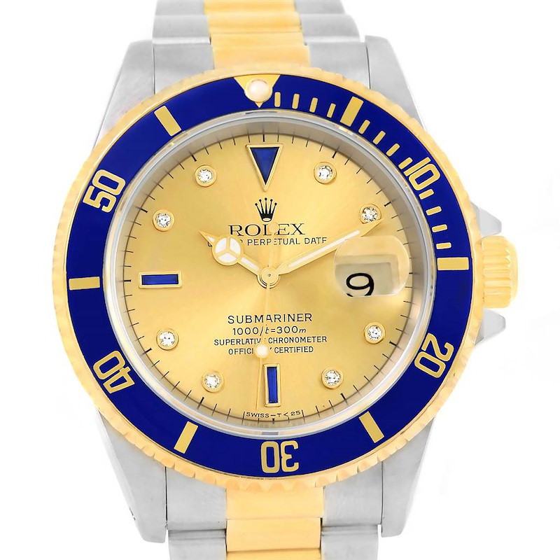 Rolex Submariner Steel Gold Diamond Sapphire Serti Dial 40mm Watch 16613 SwissWatchExpo