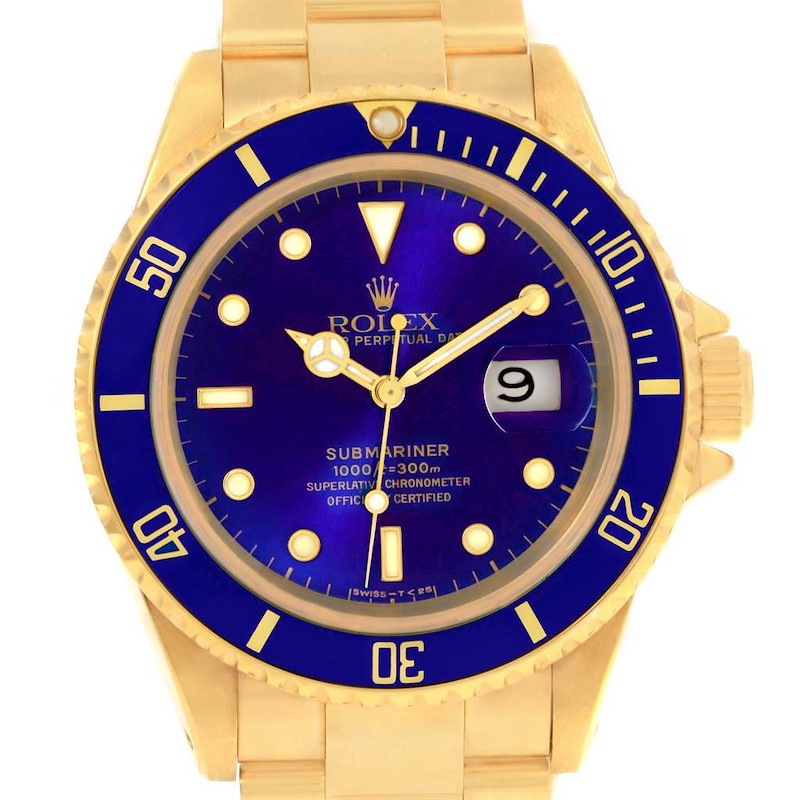 Rolex Submariner 18K Yellow Gold Blue Dial 40mm Mens Watch 16618 SwissWatchExpo