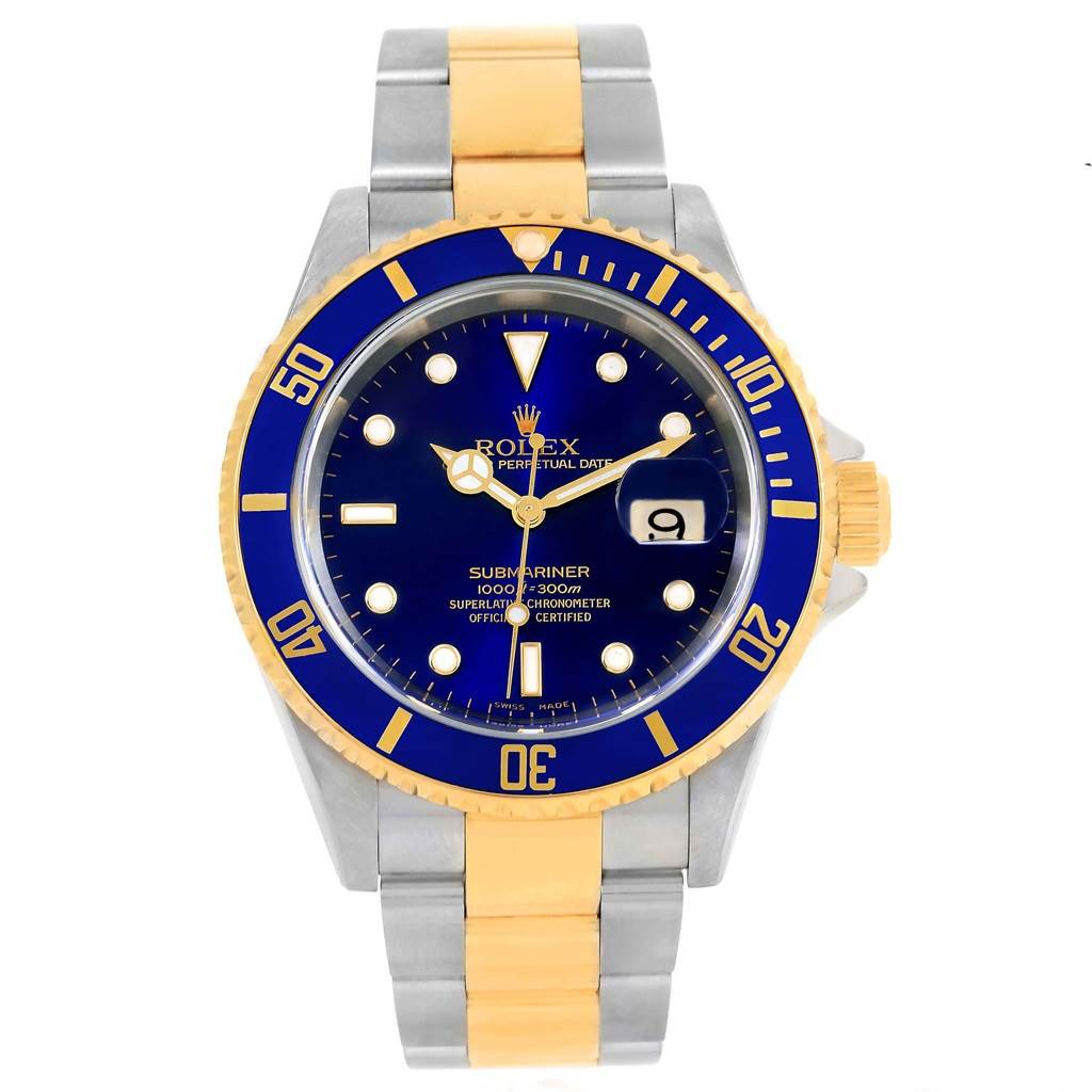 This image shows a front view of the Rolex Submariner 16613 Men's Steel and Gold (two tone) Blue Dial 16613 Men's Steel and Gold (two tone) Blue Dial watch, featuring its dial, bezel, and two-tone bracelet.