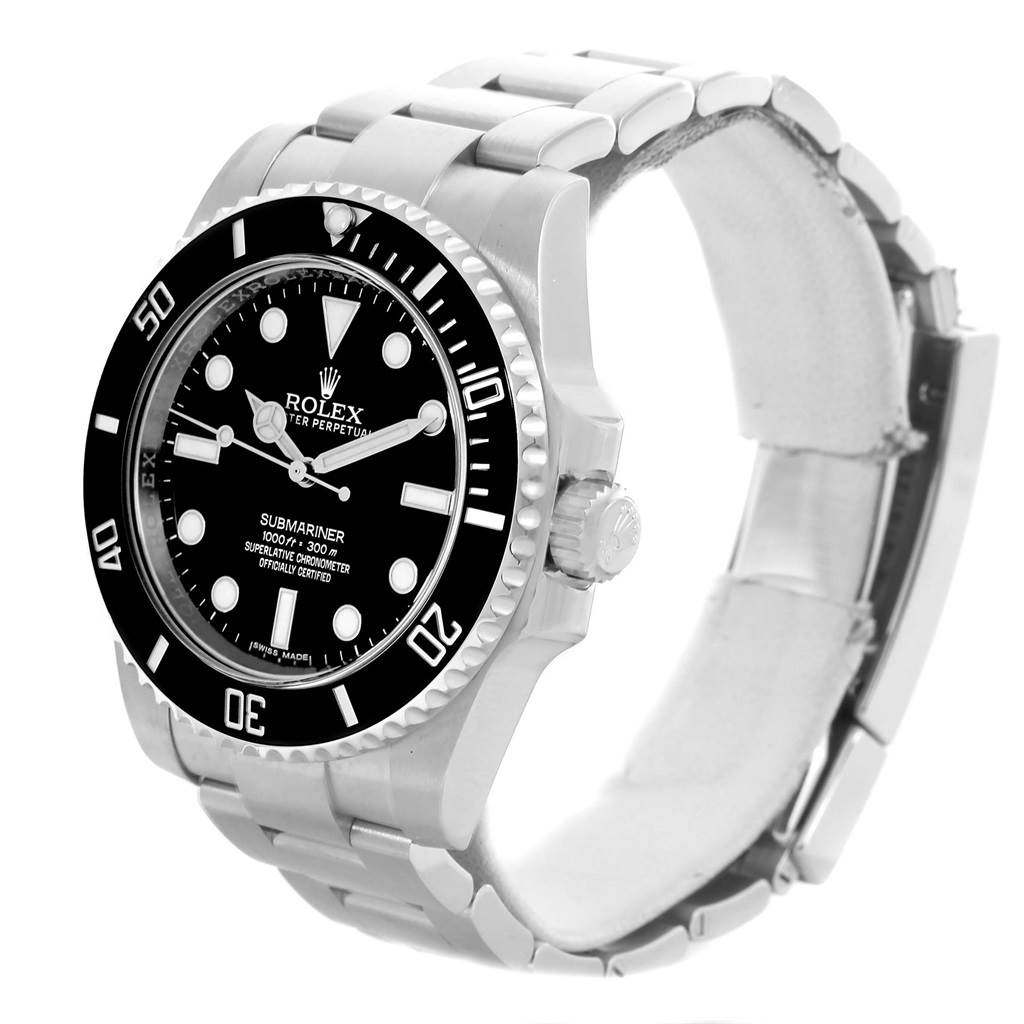The image shows a side-angle view of the Rolex Submariner 114060 Men's Stainless Steel Black Dial 114060 Men's Stainless Steel Black Dial watch, highlighting its black dial, bezel, and stainless steel bracelet.