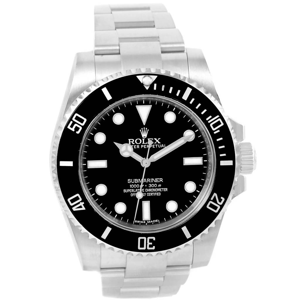 The image shows a front view of a Rolex Submariner 114060 Men's Stainless Steel Black Dial 114060 Men's Stainless Steel Black Dial watch, highlighting its dial, bezel, and bracelet.