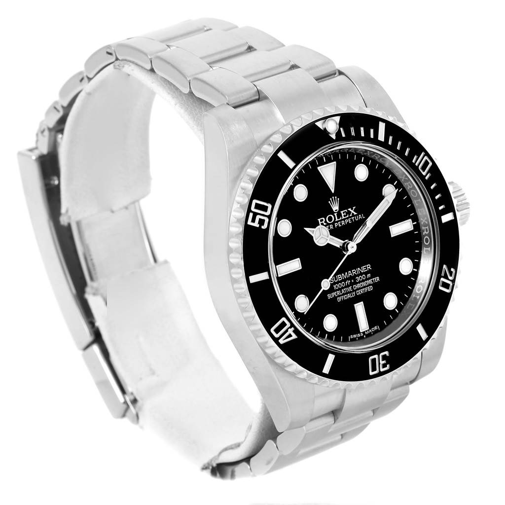 This image shows a side angle of a Rolex Submariner 114060 Men's Stainless Steel Black Dial 114060 Men's Stainless Steel Black Dial, highlighting the bezel, dial, and bracelet.