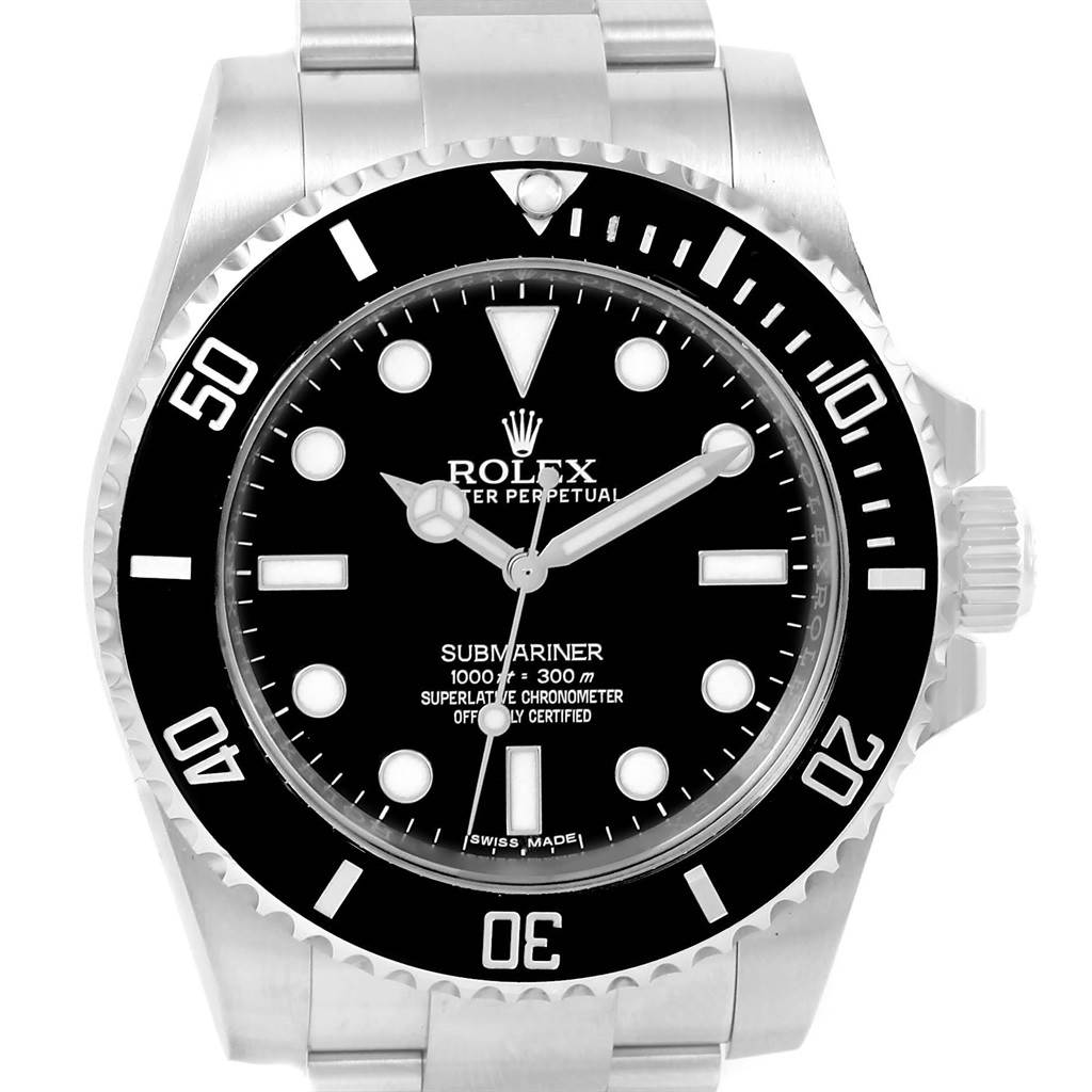 The image shows a front view of a Rolex Submariner 114060 Men's Stainless Steel Black Dial 114060 Men's Stainless Steel Black Dial watch, highlighting the dial, bezel, and bracelet.
