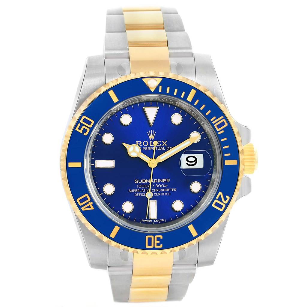 This image shows a front view of a Rolex Submariner 116613 Men's Steel and Gold (two tone) Blue Dial 116613 Men's Steel and Gold (two tone) Blue Dial watch, displaying its blue dial, gold accents, and stainless steel and gold bracelet.