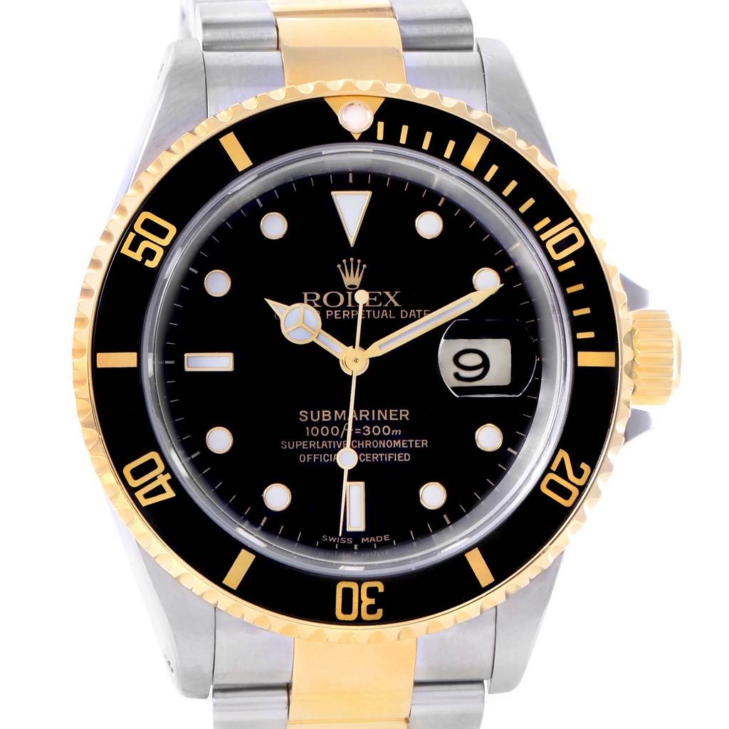 The image shows a front view of a Rolex Submariner 16613 Men's Steel and Gold (two tone) Black Dial 16613 Men's Steel and Gold (two tone) Black Dial watch, highlighting the dial, bezel, and part of the bracelet.
