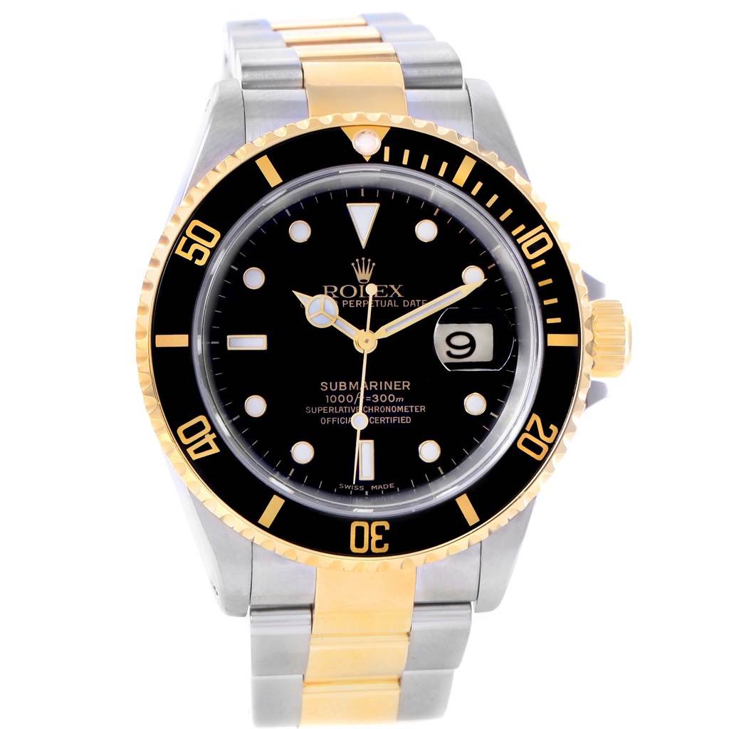 The image shows a front view of a two-tone Rolex Submariner 16613 Men's Steel and Gold (two tone) Black Dial 16613 Men's Steel and Gold (two tone) Black Dial, displaying its dial, bezel, and part of the bracelet.
