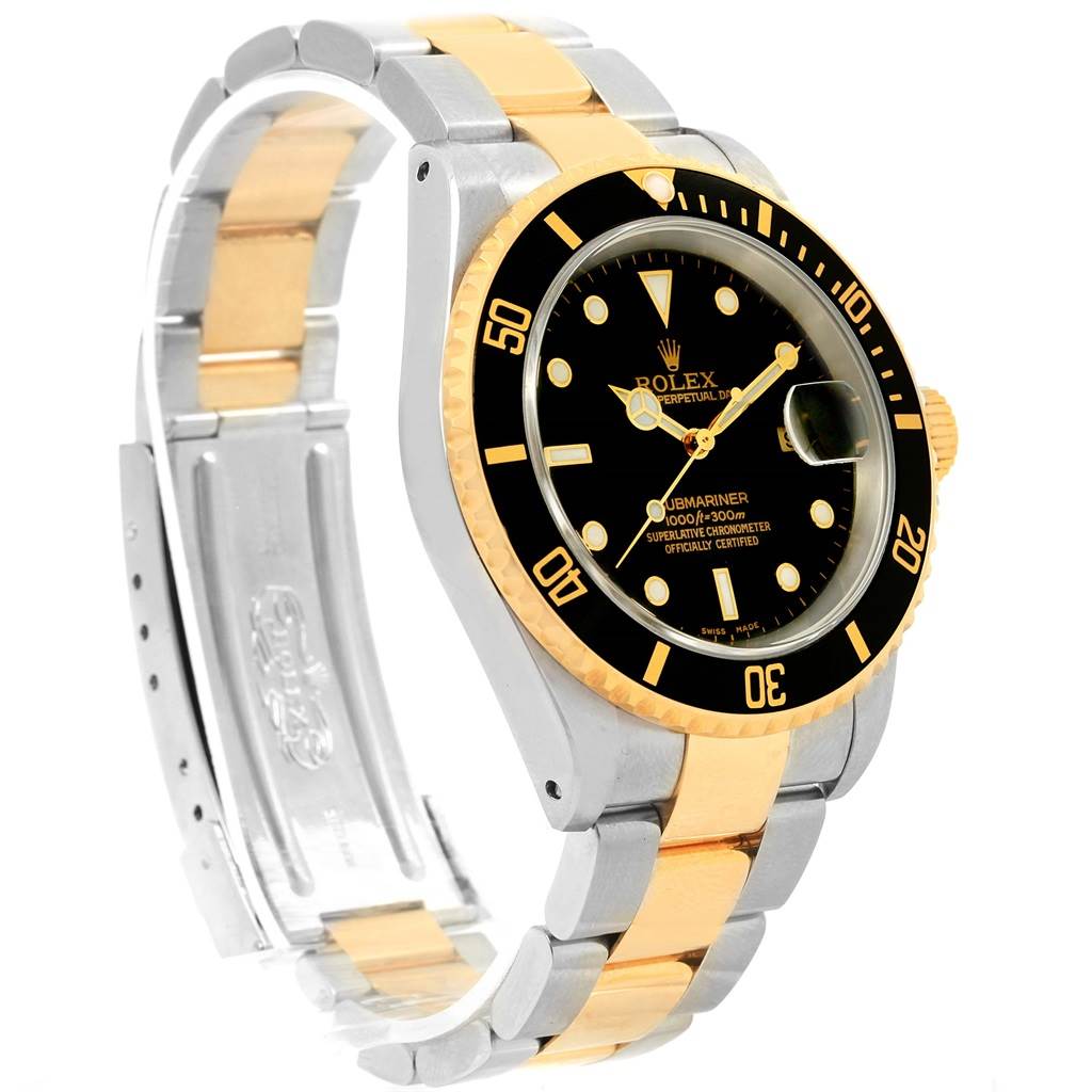 The image shows a side-angle view of the Rolex Submariner 16613 Men's Steel and Gold (two tone) Black Dial 16613 Men's Steel and Gold (two tone) Black Dial watch, highlighting its black dial, gold bezel, and two-tone bracelet.