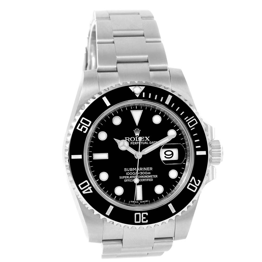 The image shows a front view of the Rolex Submariner 116610 Men's Stainless Steel Black Dial 116610 Men's Stainless Steel Black Dial watch, featuring its black dial, stainless steel case, and bracelet.