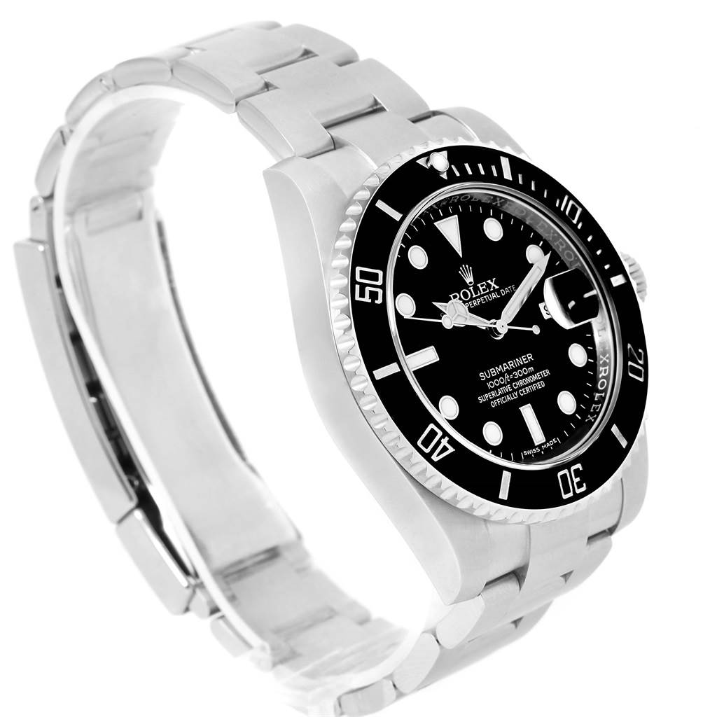 The image shows a side angle view of a Rolex Submariner 116610 Men's Stainless Steel Black Dial 116610 Men's Stainless Steel Black Dial watch, including its dial, bezel, and bracelet.